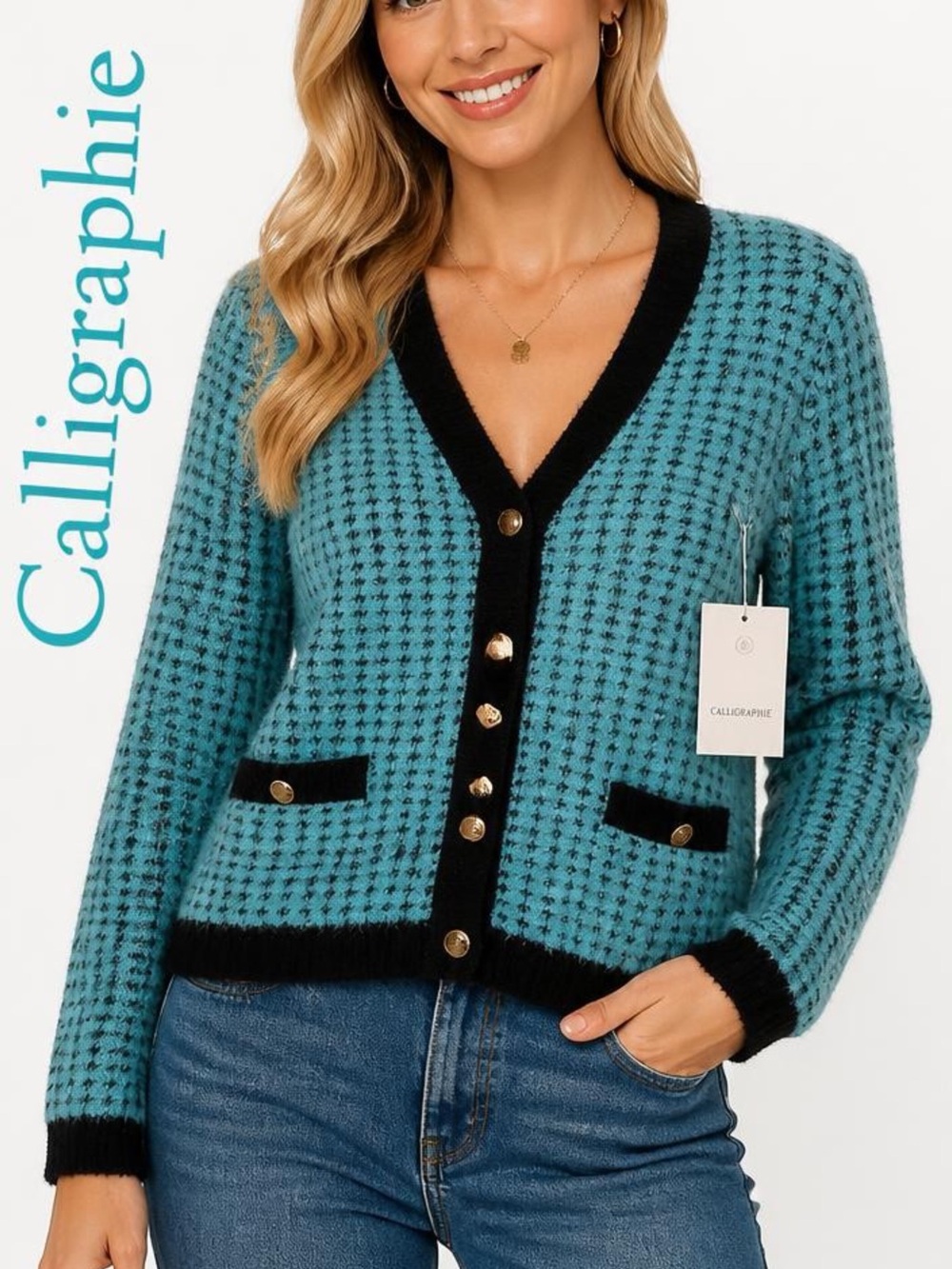 Calligraphie Womens Blue Green W-Black Fuzzy Soft Cardigan Sz M Gold Tone Casual